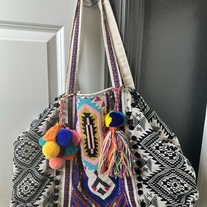 Bohemian Black and White Tote Bag with Pom-Poms